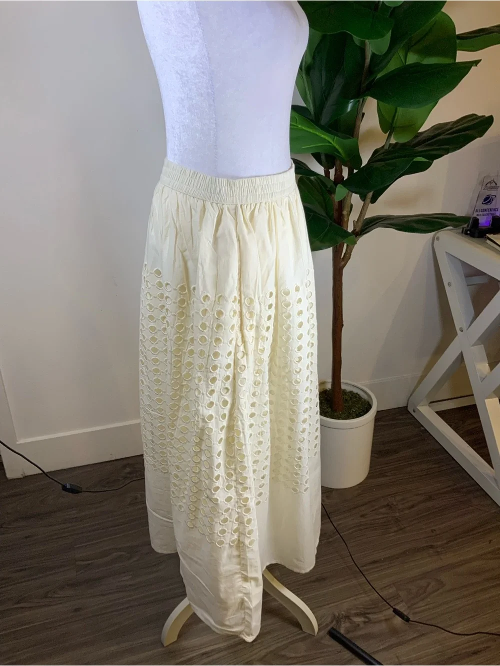 Jennifer n Grace Cream Eyelet Maxi Skirt with Elastic Waist